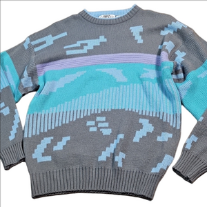Vintage 80s Saturdays Pastel Knit Abstract Geometric Graphic Crew Neck Sweater